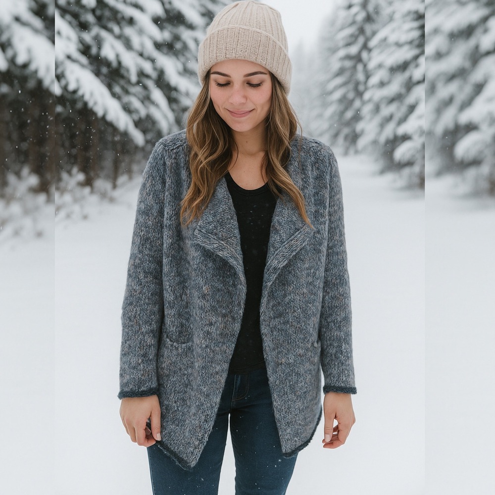 MARYLINE Chunky Knit Sweater Blue Mohair Wool Blend‎ Size L Cardigan